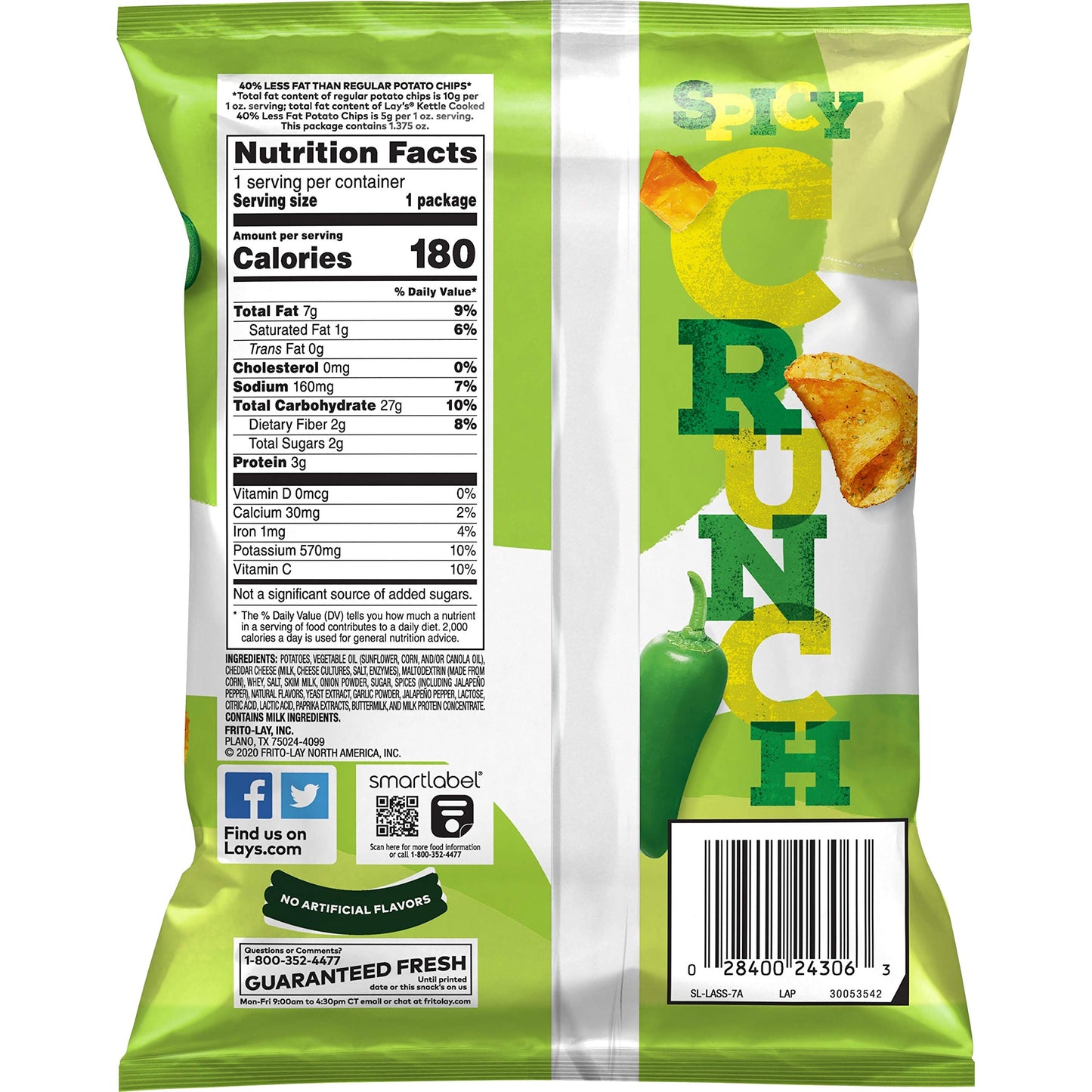 Lay'S Kettle Cooked Potato Chips, 40% Less Fat Jalapeo Cheddar, 1.375 Ounce (Pack Of 64)