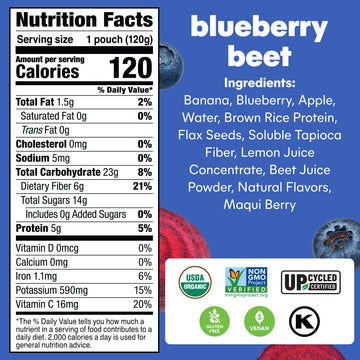 Noka Superfood Fruit Smoothie Pouches, Blueberry Beet, Healthy Snacks with Flax Seed, Plant Protein and Prebiotic Fiber, Vegan a