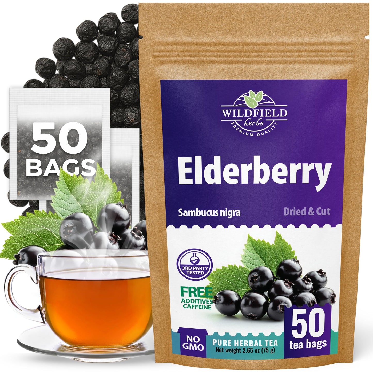 50 Bags Elderberry Fruit Herbal Tea (Sambucus) - 50 Tea Bags 1.5G Elderberry Berry Tea Sa Co