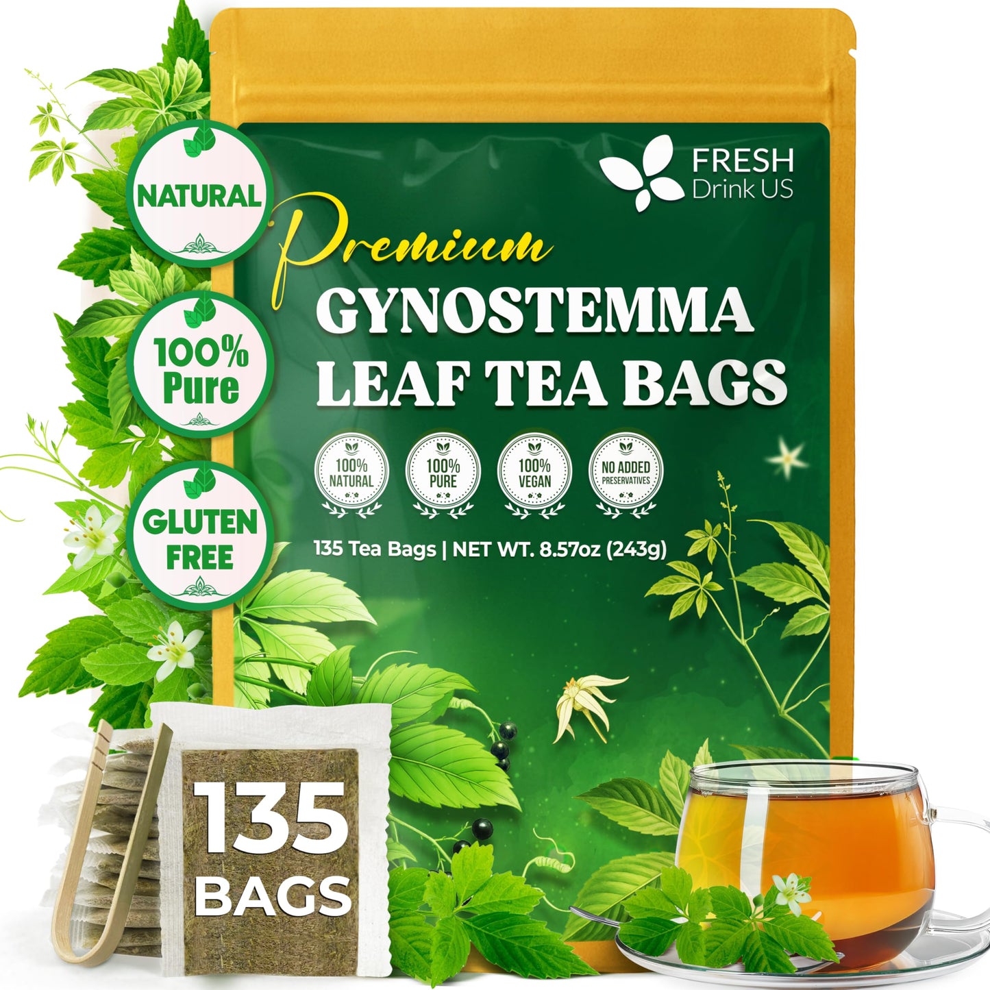 Freshdrinkus Top-Grade Gynostemma Tea Bags (Jiaogulan) | 135 Count | Naturally Smooth & Earthy Energy Blend-Free Herbal Tea - Plant-Based Tea Bags For Daily Enjoyment. Energy Blend Free Sugar Free. Vegan