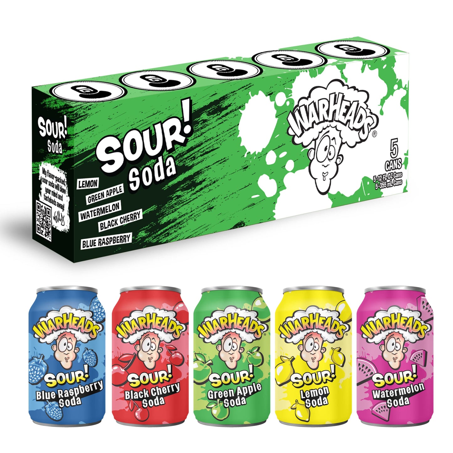 Warheads Soda - Sour Fruity Soda, Classic Flavors, 12 Fl Oz (Pack of 5)