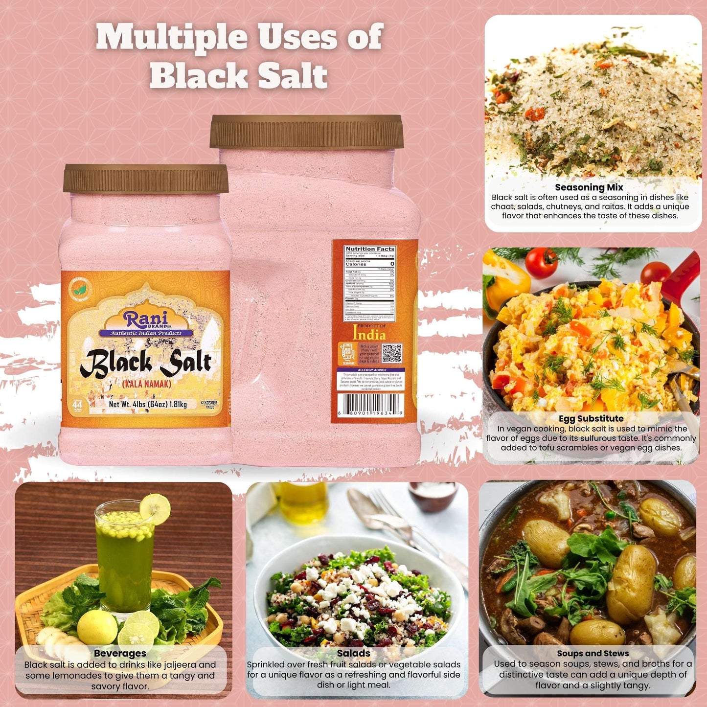 Rani Black Salt Powder (Kala Namak) Mineral 64Oz (4Lbs) 1.81Kg Bulk Pet Jar ~ Unrefined, Pure And Natural | Vegan | Gluten Friendly | Non-Gmo | Indian Origin | Perfect For Tofu Scramble