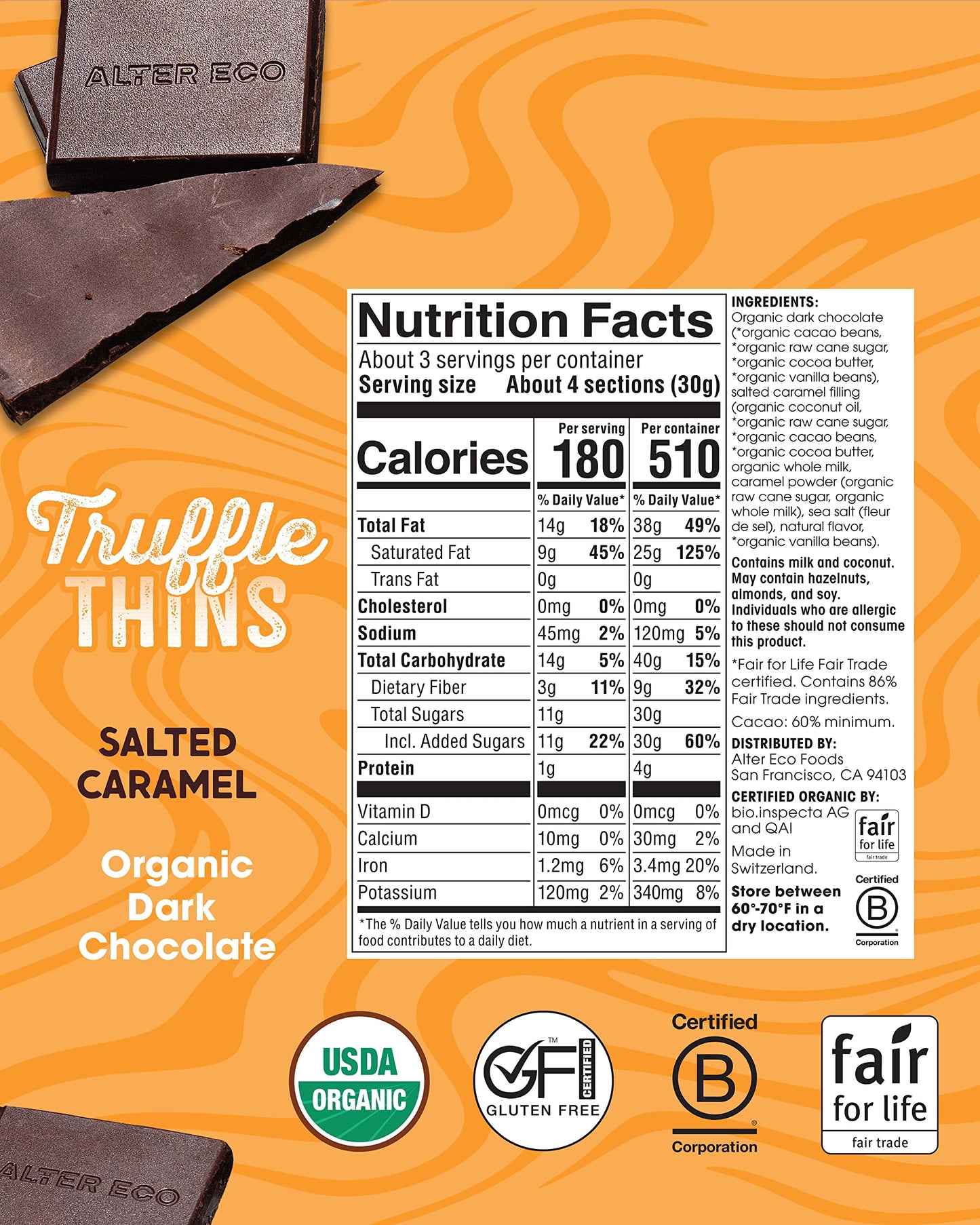 Alter Eco Salted Caramel Truffle Thins, Chocolate Bar with Gooey Ganache Truffle Filling, Organic, Gluten-Free, Non-GMO Snacks,