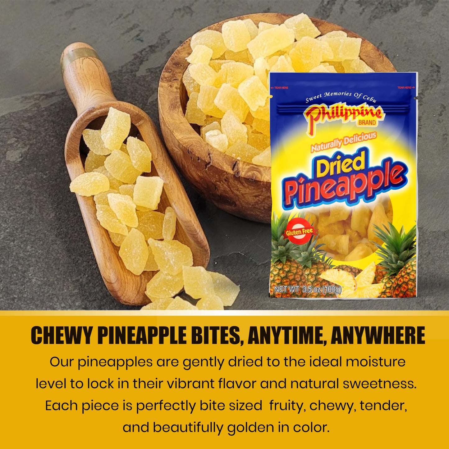 Philippine Brand Dried Pineapple Chunks - 3.5 oz Bag (Pack of 2), Vegan, Gluten-Free, Sweet & Chewy Snack