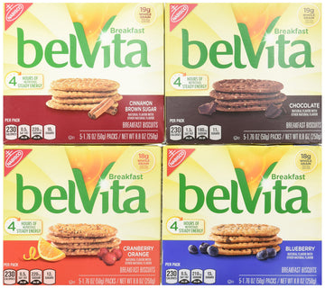 Belvita Breakfast Biscuits Variety Pack - Blueberry, Chocolate, Cinnamon Brown Sugar & Cranberry Orange (1) 8.8 Oz. Box Of Each Flavor (Bundle Of 4)