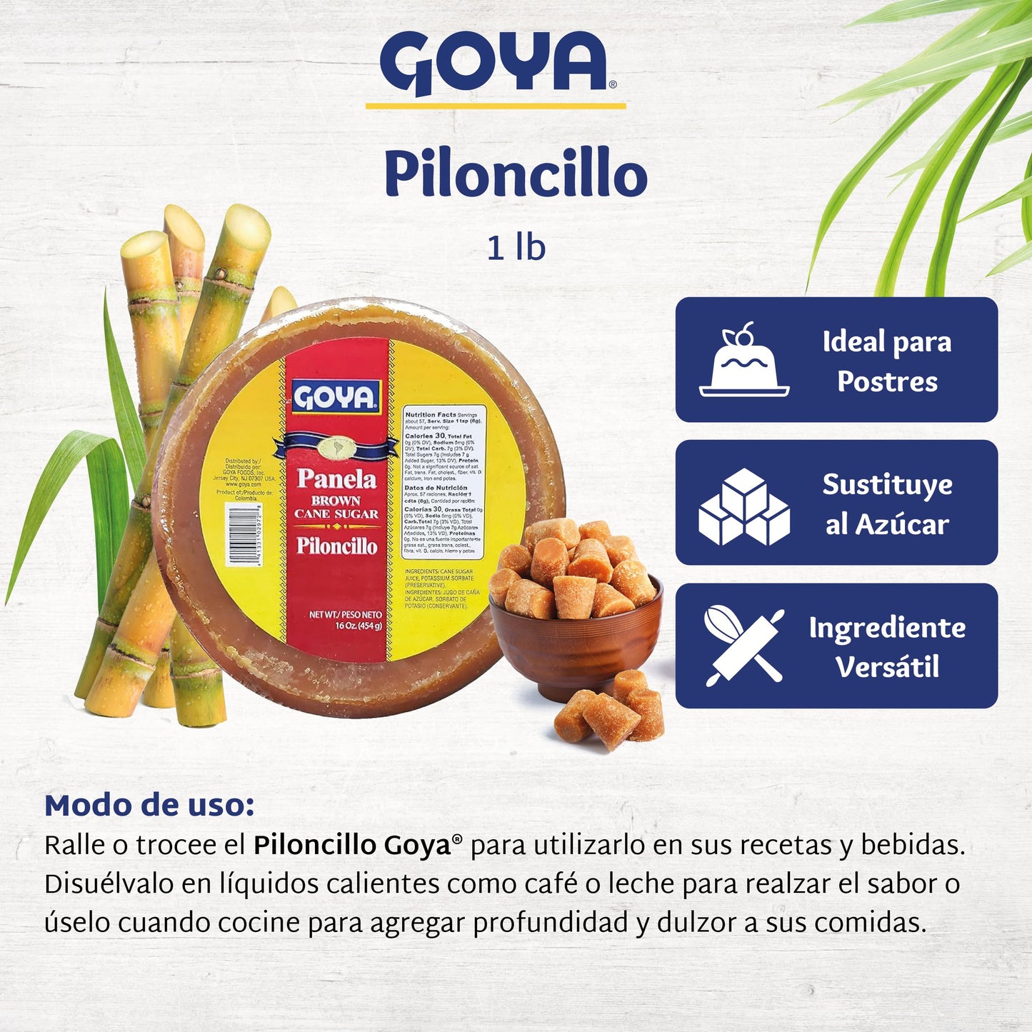 Panela Brown Sugar Cane By Goya, Cane Sugar, Piloncillo Sugar For Authentic Latin Dishes, Unrefined Mexican Sugar For Baking And Cooking, Panela Colombiana, 1Lb. Round Redonda Panela