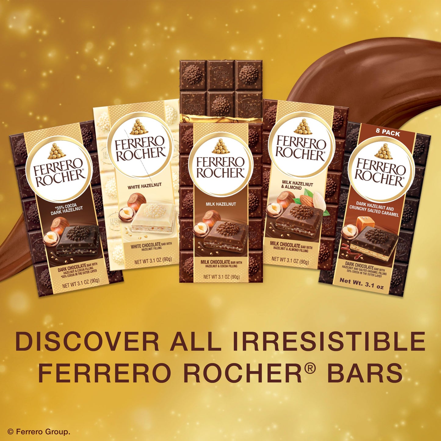 Ferrero Rocher Premium Chocolate Bars, 8 Pack, Dark Chocolate Hazelnut And Crunchy Salted Caramel, Individually Wrapped, 3.1 Oz