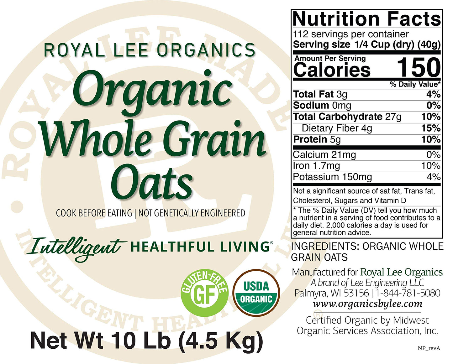 Royal Lee Organics Usda Certified Organic Gluten Free Oat Groats 10Lbs (Pack Of 5)