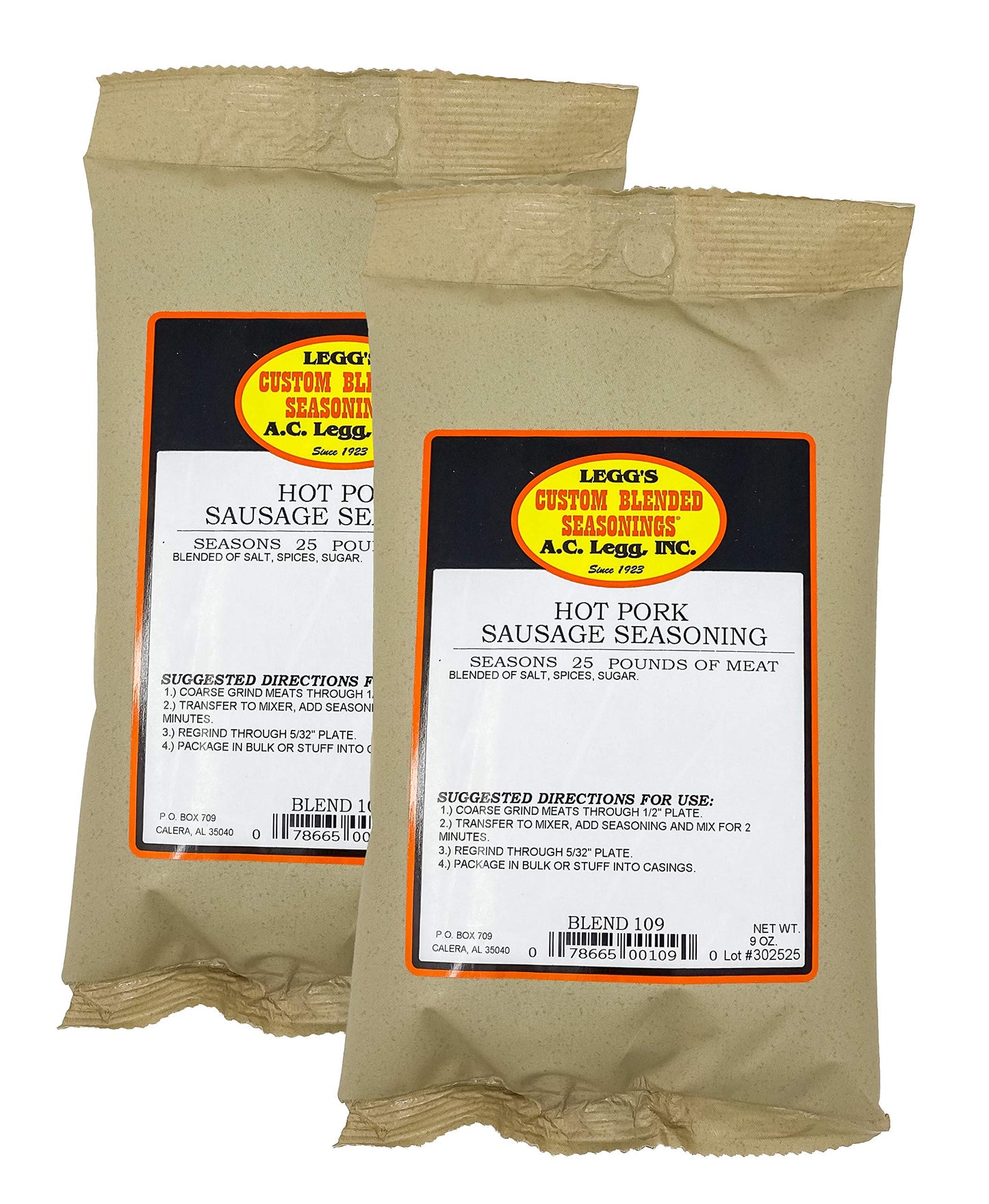 A.C. Legg Blend 109 Hot Pork Sausage Seasoning, 2 Packs - 9 Ounce Each