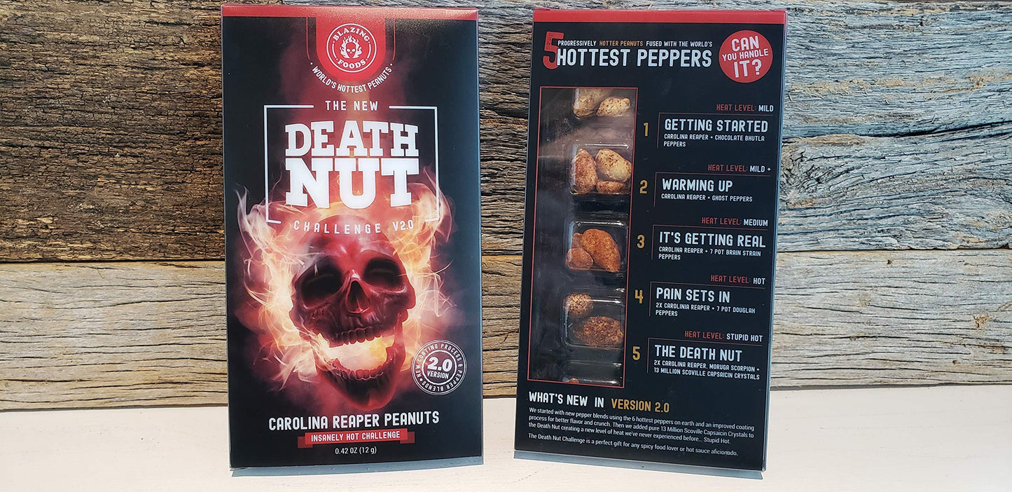 The Death Nut Challenge Version 2.0 Carolina Reaper Peanuts New And Improved With Better Flavor, Crunch, Pepper Blends Including Ghost Pepper, Moruga Scorpion!
