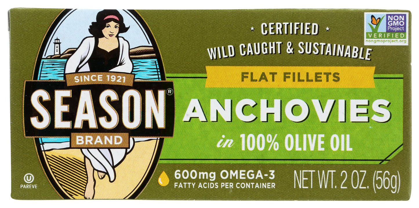 Season Brand Flat Fillets of Anchovies in Olive Oil, 2 oz