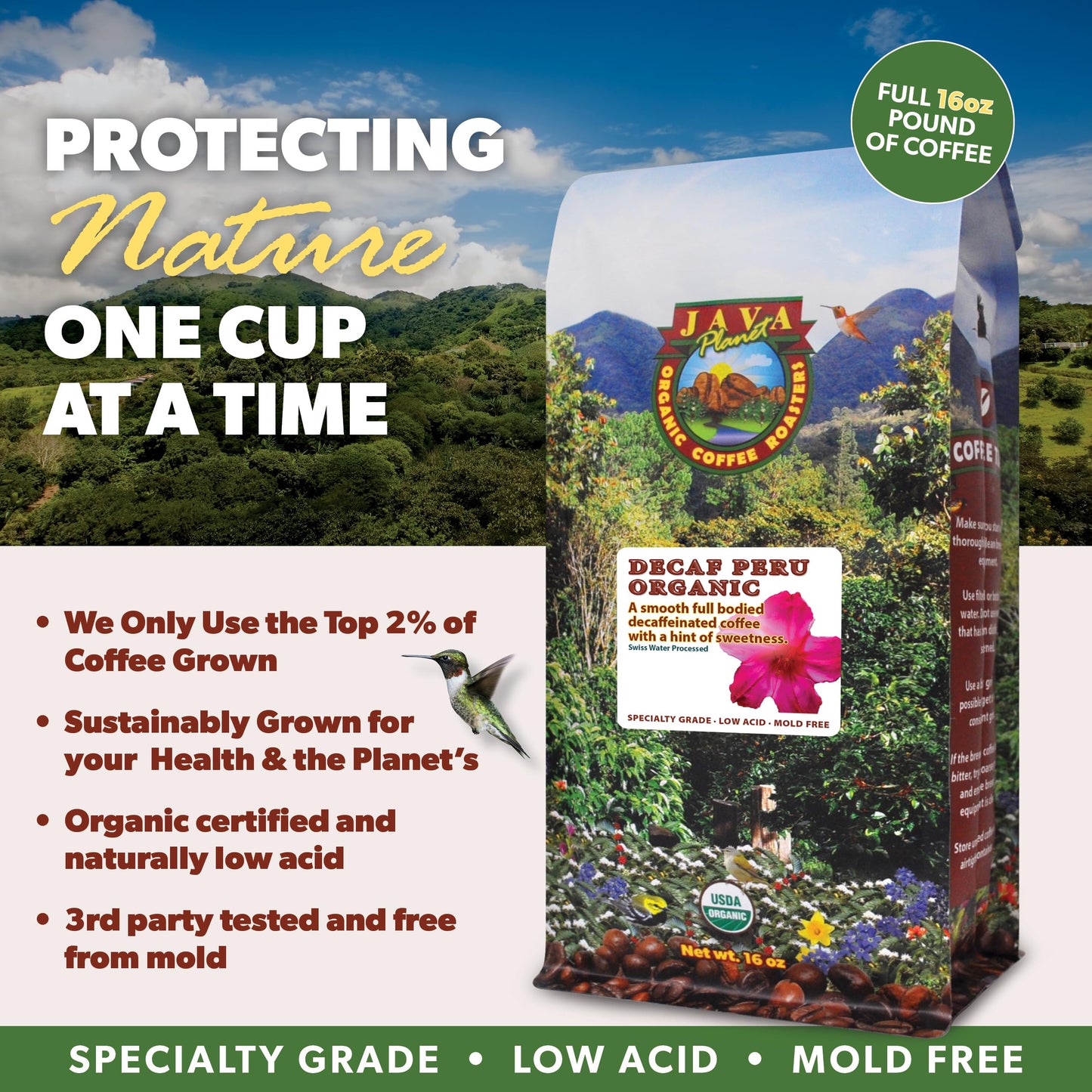 Java Planet Organic, Water Process Decaf Peru, Smooth Full Flavored Organic Coffee Beans, Low Acid, Whole Bean Coffee, Two 1 Lb