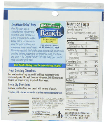 Hidden Valley Buttermilk Ranch Dressing & Seasoning Mix, Gluten Free, 0.38 Oz, Pack of 24