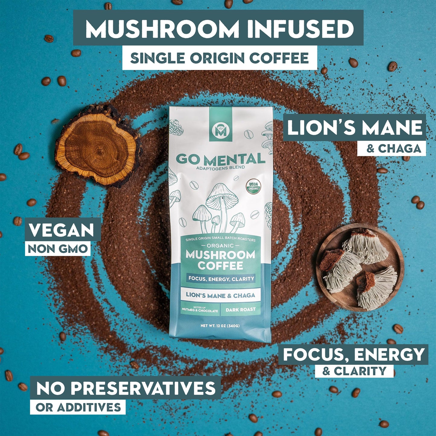 Organic Lion'S Mane & Chaga Mushroom Coffee Dark Roast, Full Fruiting Bodies, For Enhanced Brain Function, Immune Support, Wellb
