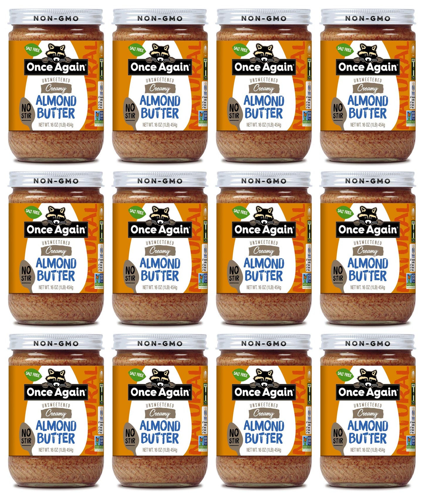 Once Again Natural Creamy Almond Butter, 16Oz - American Classic, No Stir - Salt Free, Unsweetened - Gluten Free Certified, Peanut Free, Vegan, Kosher, Paleo - Glass Jar (12 Pack)