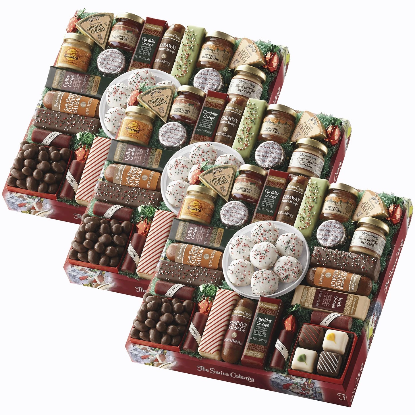 3 Red Gift Boxes - The Swiss Colony 27 Favorites Food Gift Set Summer Sausage Meats And Cheeses Assorted Chocolates Candies Petits Fours Cheese & Charcuterie Board Gifts Basket Holiday Christmas