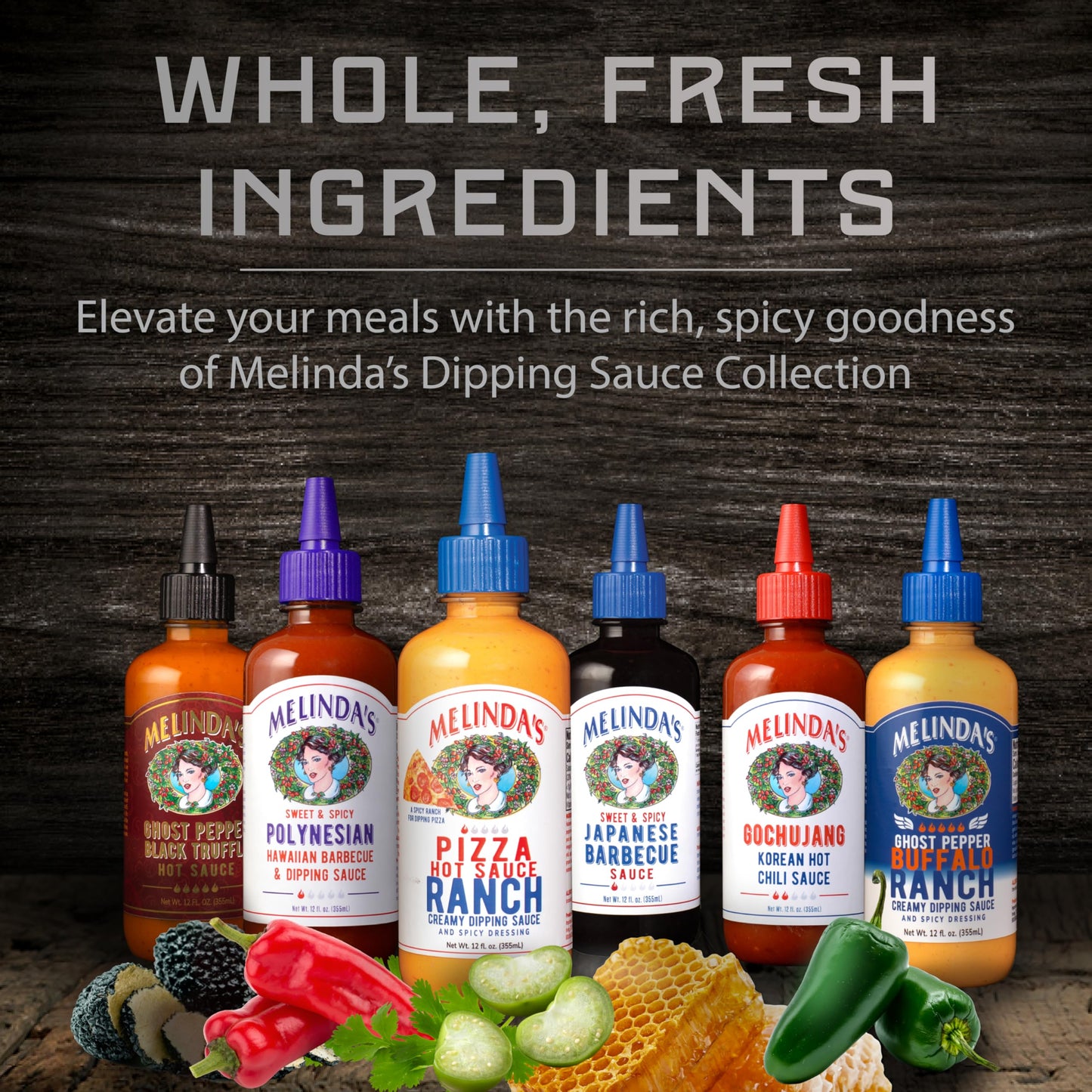 Melindas Dipping Sauce Gift Set, 6 Pack - Ghost Pepper, Buffalo Ranch, Pizza Ranch, Polynesian, Korean Gochujang, Hot Habanero Honey Mustard, 12