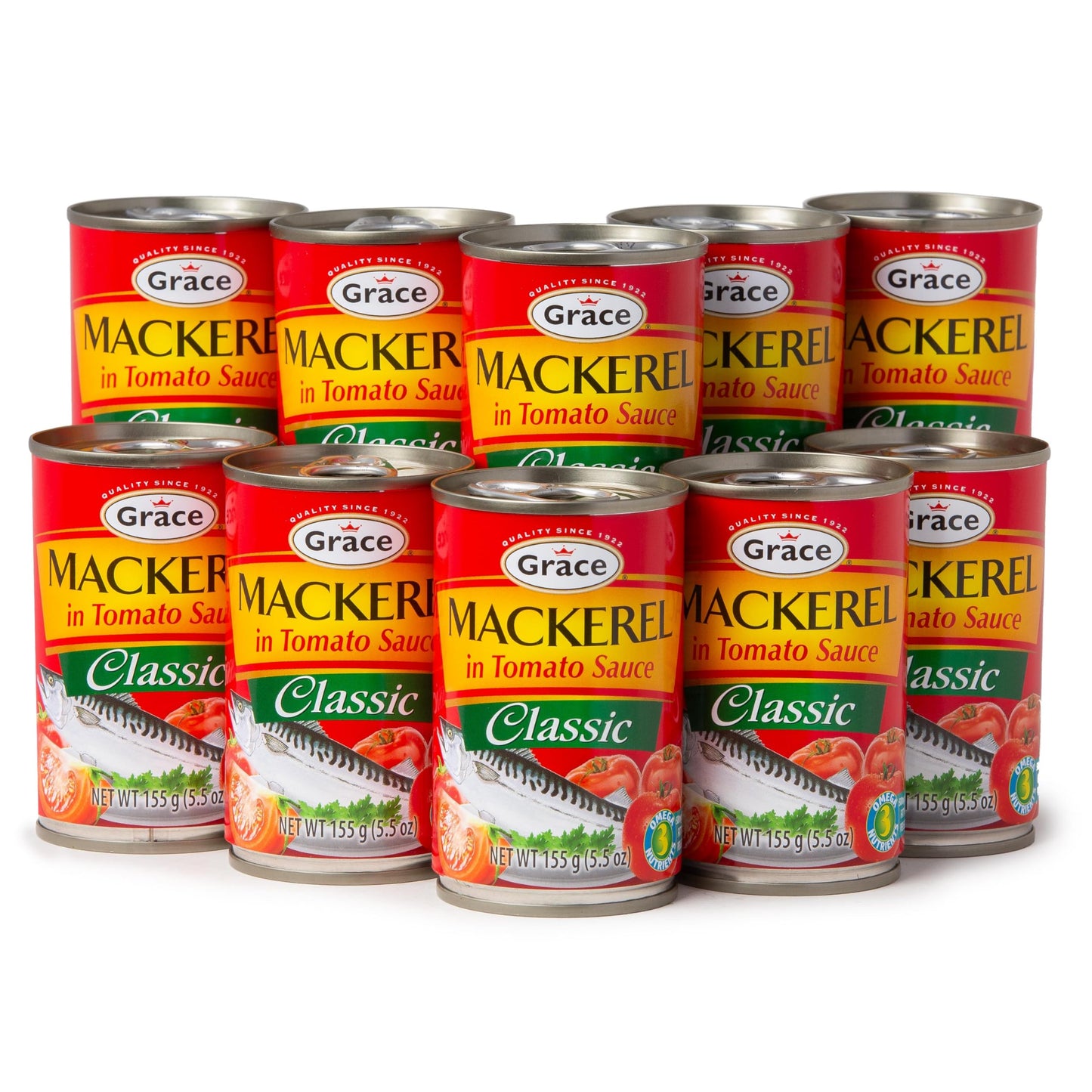 Grace Classic Mackerel In Tomato Sauce - Top-Grade Canned Fish (5.5 Oz Pack Of 10) - Rich Flavor Healthy Omega-3S & Ready-To-Eat Protein