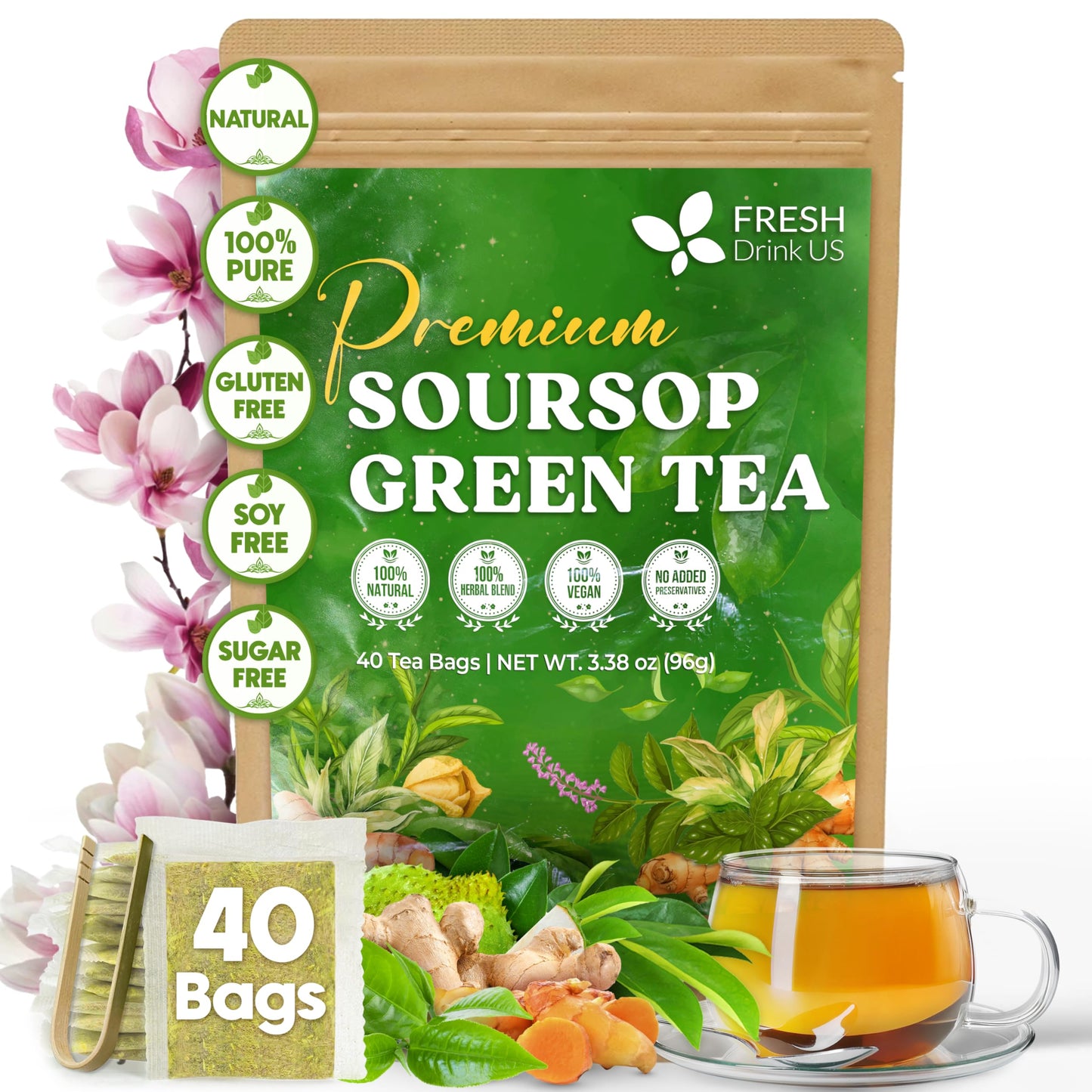 Freshdrinkus Top-Grade 40 Tea Bags Soursop Green Tea 100% Natural & Proprietary Blend From Soursop Leaves And Green Tea. Smooth Flavor. Made With Eco-Conscious Tea Bags. No Additives No Sugar Vegan.