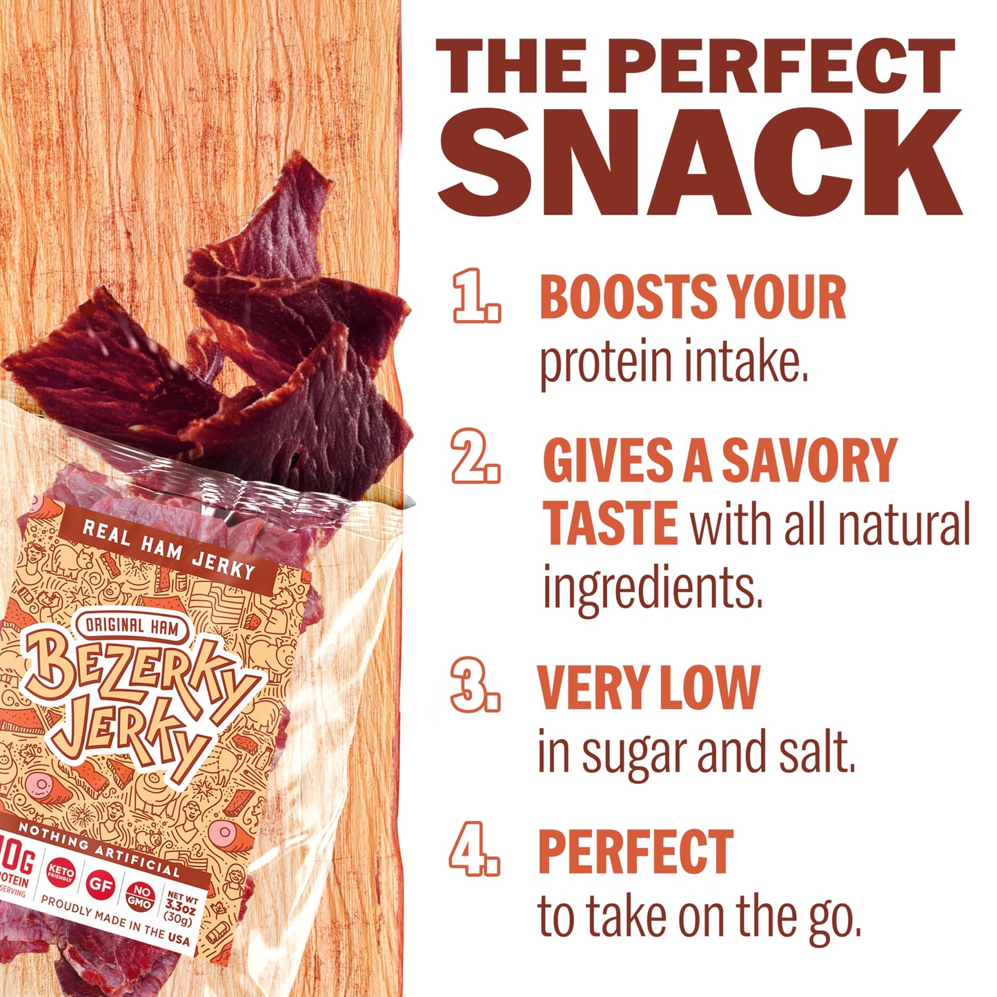 Bezerky Jerky All-Natural Premium Ham Jerky | Keto-Friendly | Made In The Usa | Gluten-Free | Non-Gmo | Low Carbs | High Protein