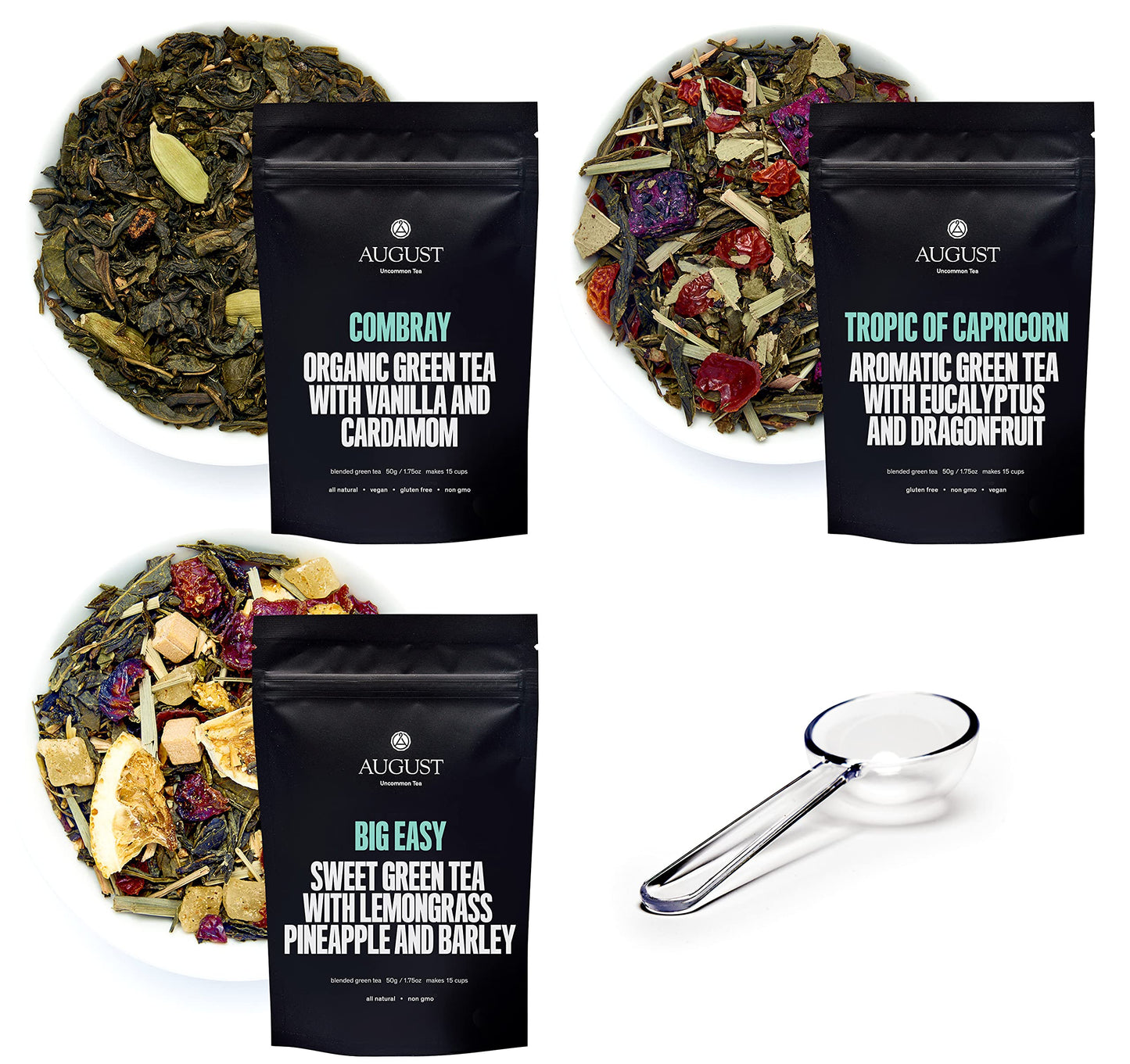August Uncommon Sampler - Variety Holiday Tea Set Of 3 Loose Leaf Green Tea Blends - Tropical Dessert & Sweet Flavors For Cozy Holiday & Winter Moments - Includes Scoop In Resealable Pouches (5.4Oz)