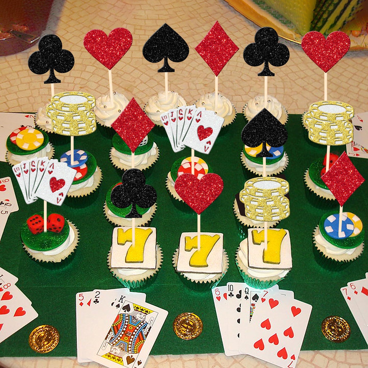 24 Pcs Board-Style Board-Style Theme Cupcake Toppers Glitter Board-Style Game Chips Player Las Vegas Board-Style Cupcake Picks For Las Vegas Board-Style Night Board-Style Theme Birthday Party Cake Decorations Supplies