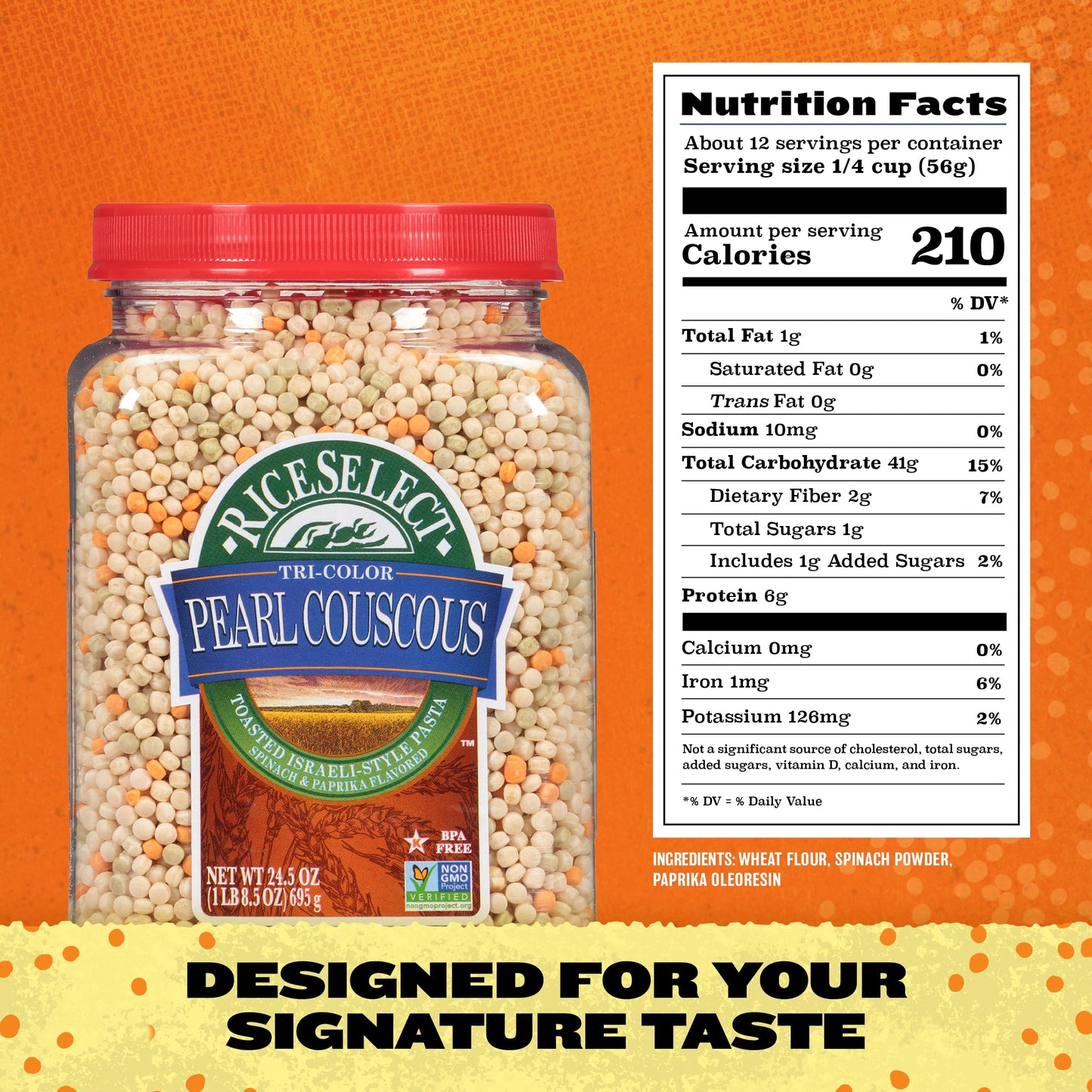 Riceselect Tri-Color Pearl Couscous, Toasted Israeli-Style Pasta, Spinach And Paprika Flavored, 24.5 Ounce Jar (Pack Of 1)