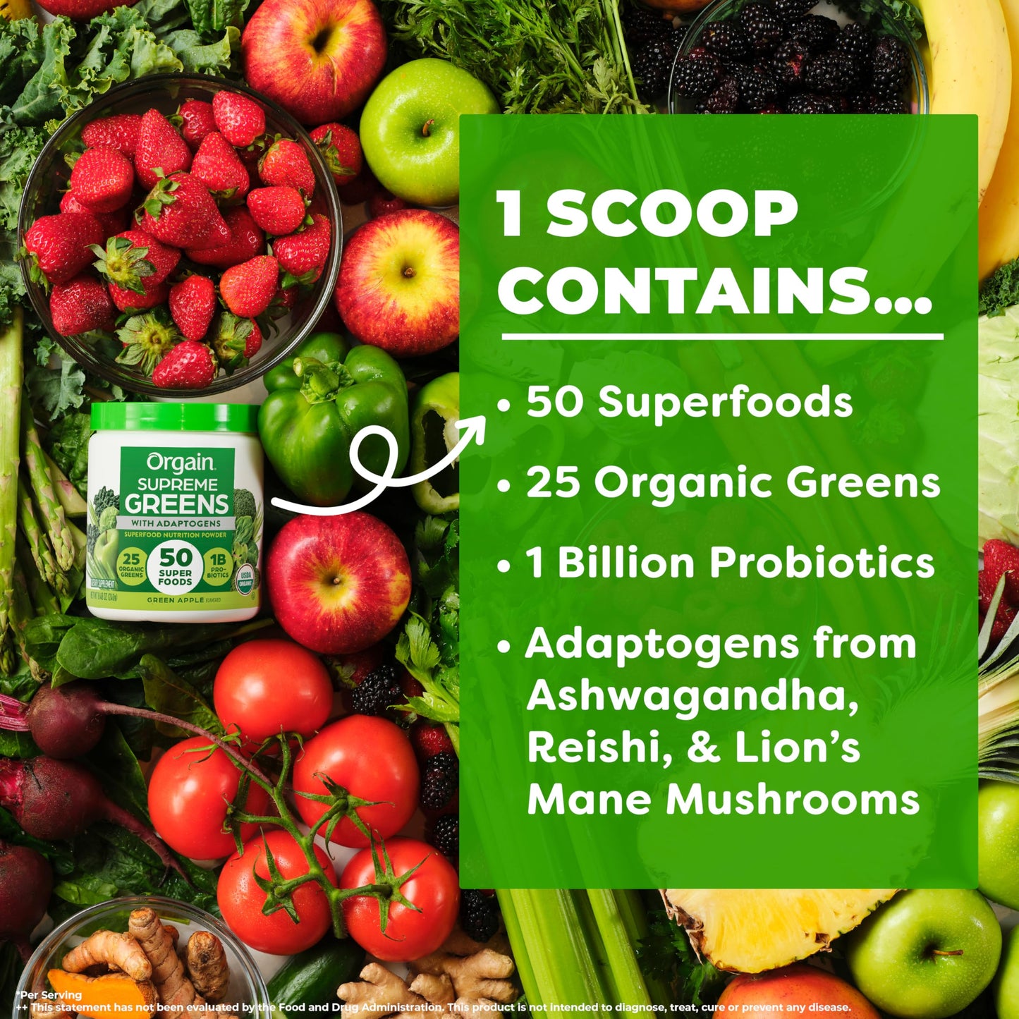 Orgain Supreme Greens Powder, 25 Organic Greens, 50 Superfoods, Vegan, 8.48 Ounce, Green Apple Flavor