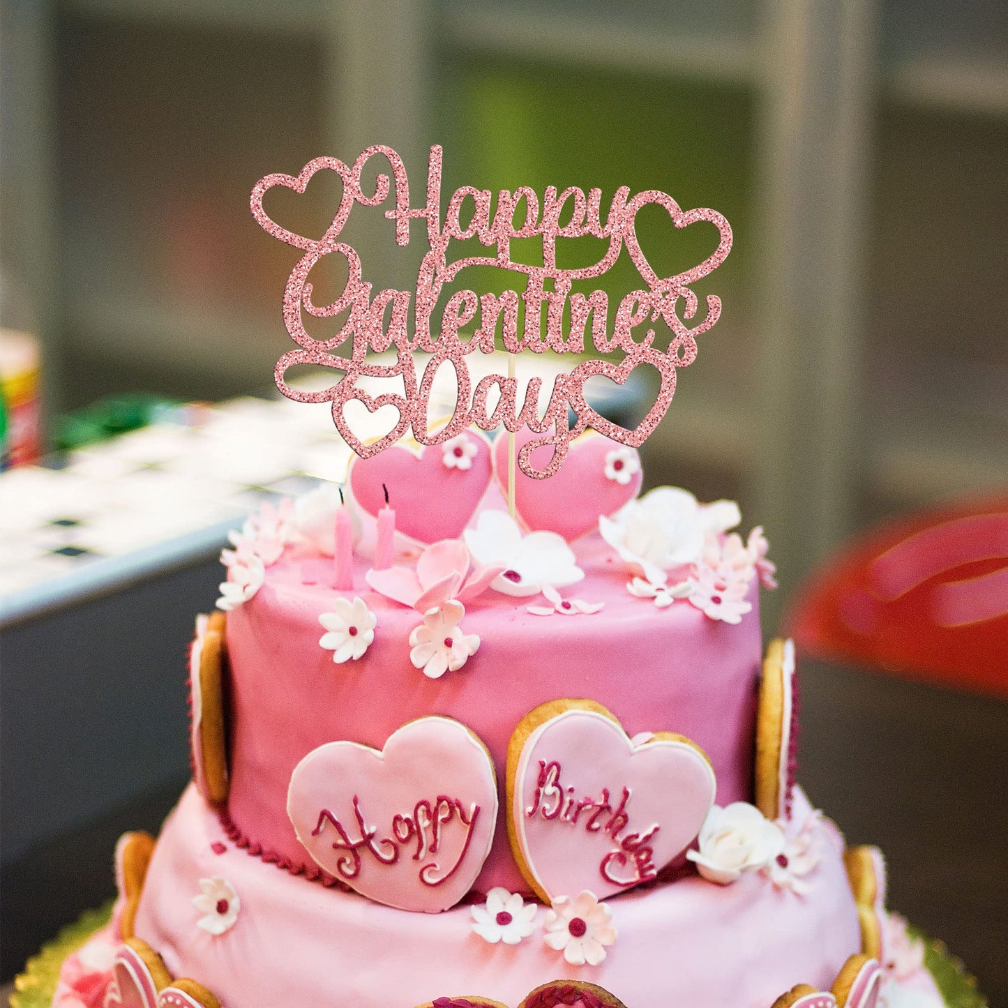 1Pc Happy Valentine's Day Cake Topper Rose Gold Glitter Valentine's Day Cake Topper Decorations for Valentine's Day Theme Weddin