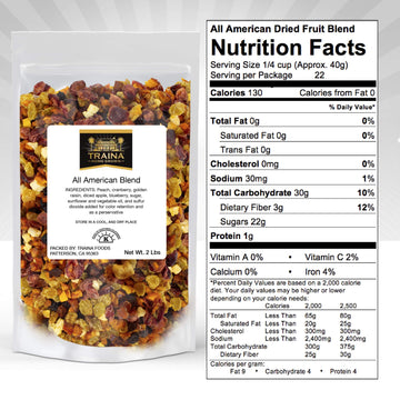Traina Home Grown All American Sun Dried Fruit Blend - Diced Peaches, Cranberries, Blueberries, Apples, Golden Raisins, Non Gmo, Gluten Free, Packed In Resealable Pouch (2 Lbs)
