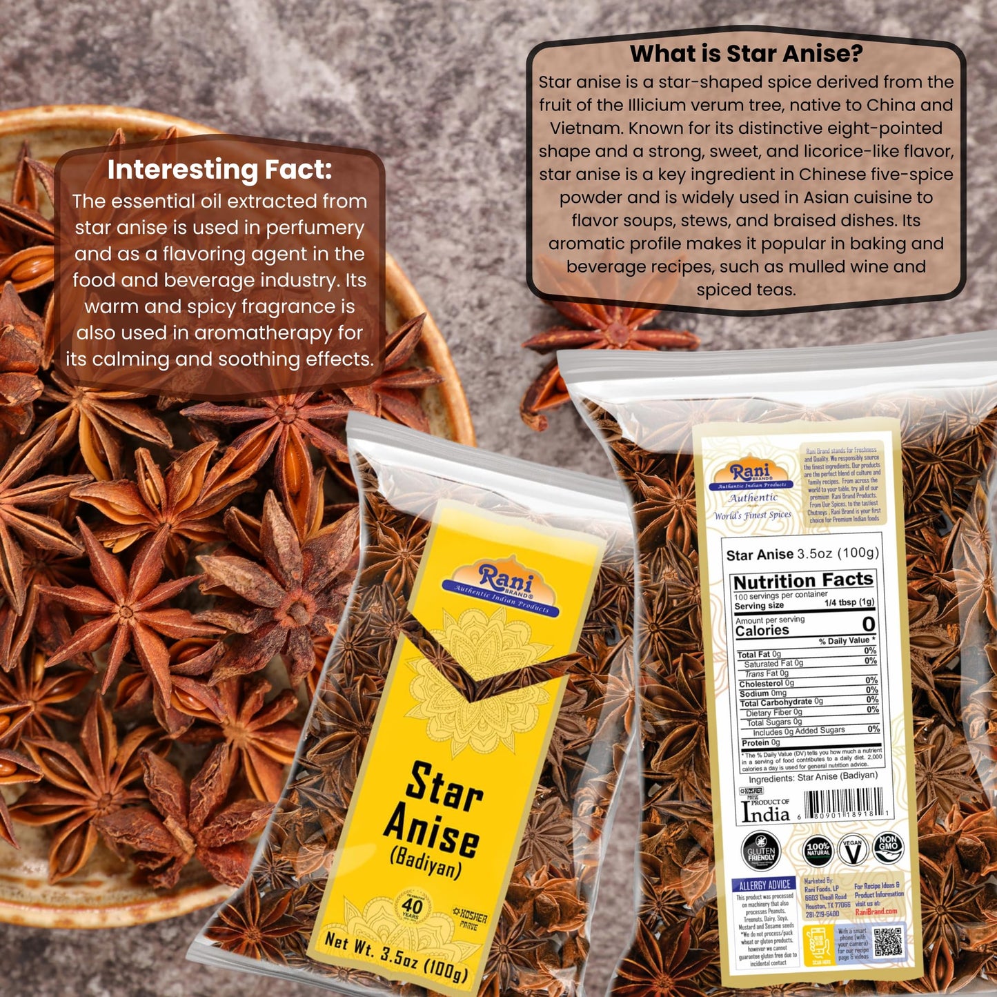 Rani Star Anise Seeds, Whole Pods (Badian Khatai) Spice 3.5Oz (100G) ~ All Natural | Gluten Friendly | Non-Gmo | Kosher | Vegan