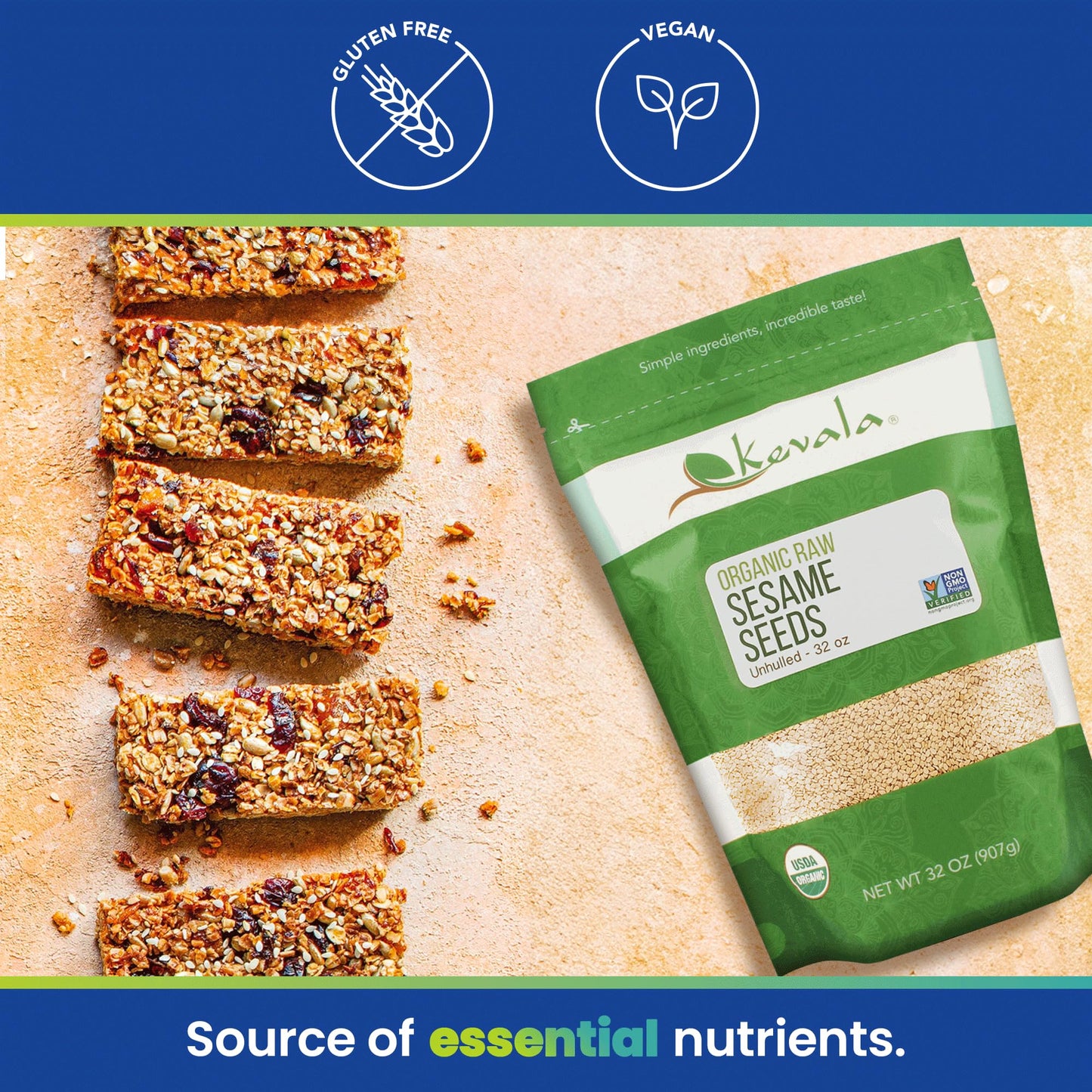 Kevala Raw Sesame Seeds Unhulled - Gluten Free, Vegan Snacks Seasoning, Kosher, Non Gmo, Nutty Accent On Bread And Buns, Salad Topping, Bag, 2 Lb