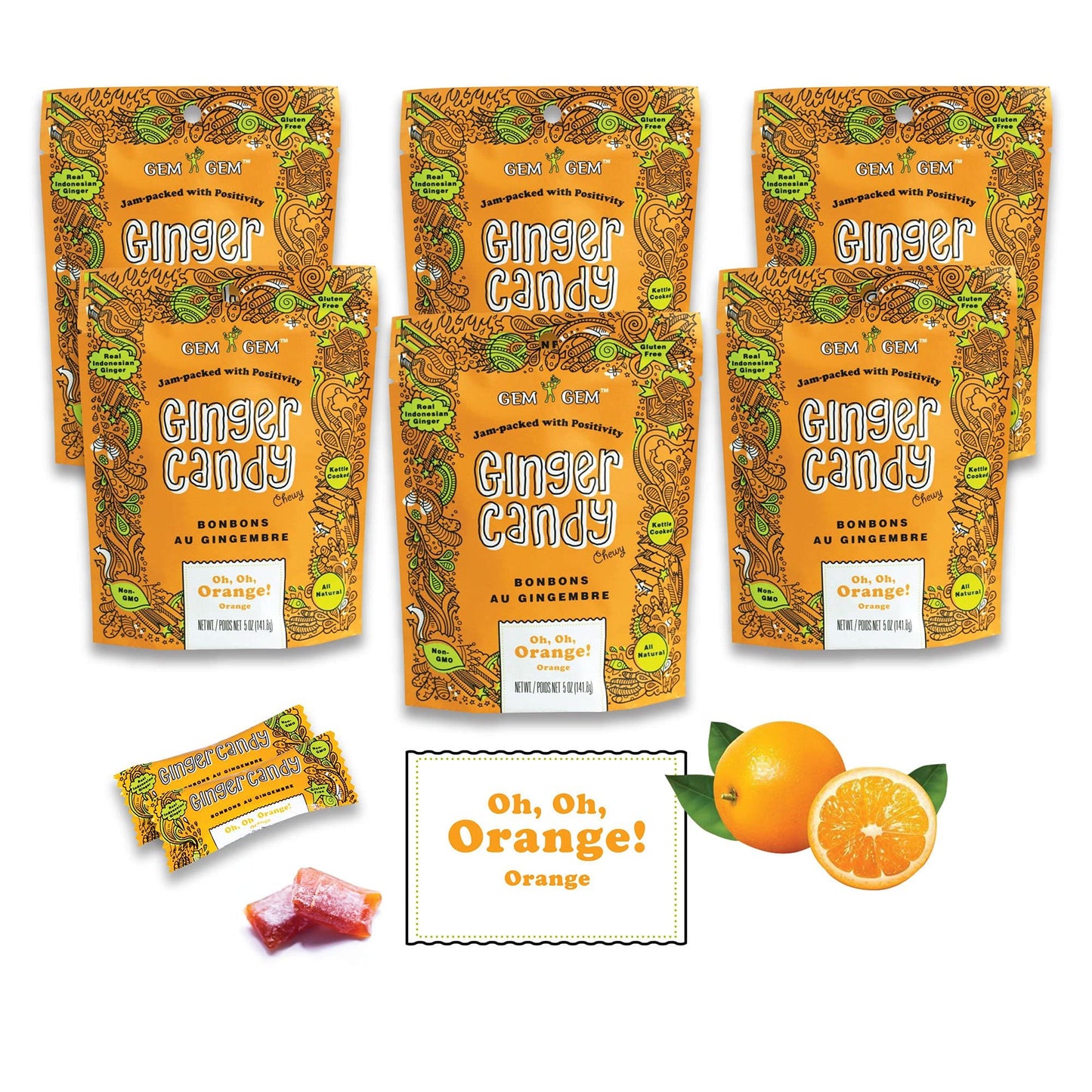 Gem Gem Ginger Candy Chewy Ginger Chews (Orange, 5.0Oz, Pack Of 6)