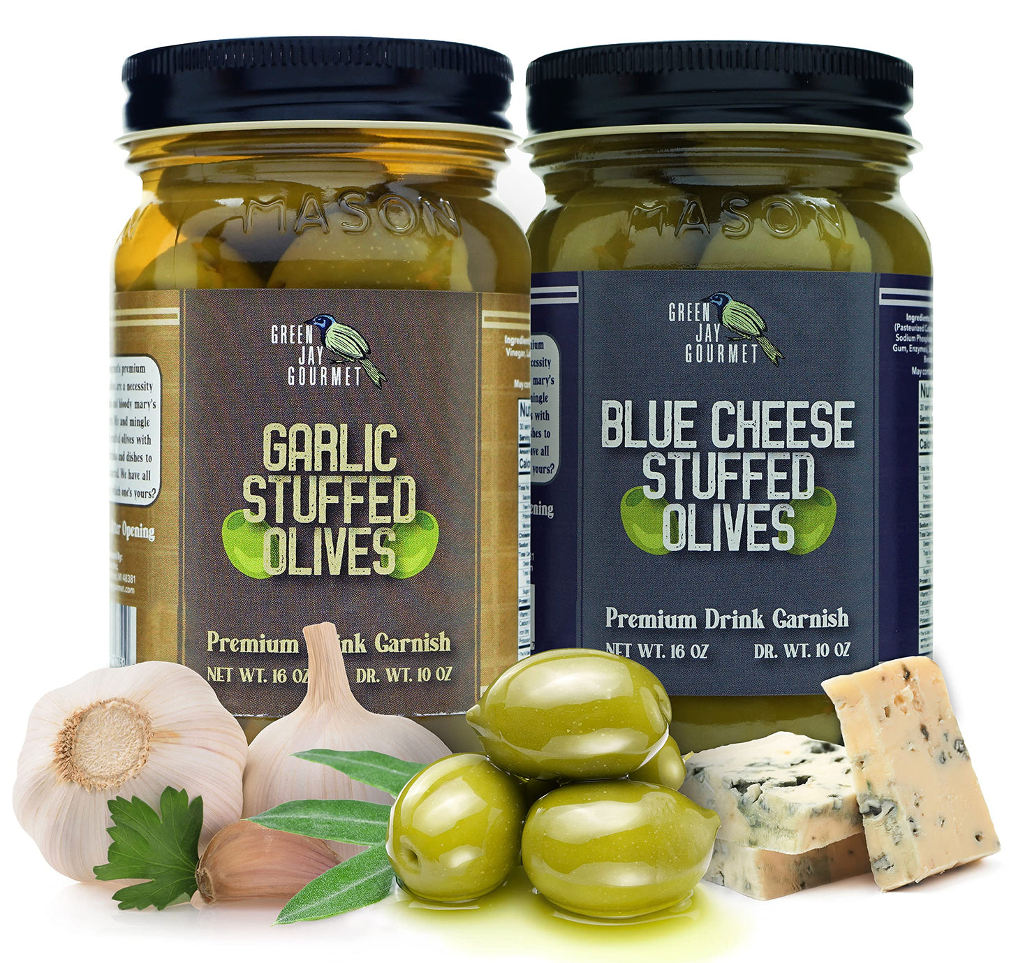Green Jay Gourmet Stuffed Olives - Garlic & Blue Cheese - 32 Ounces - All Natural
