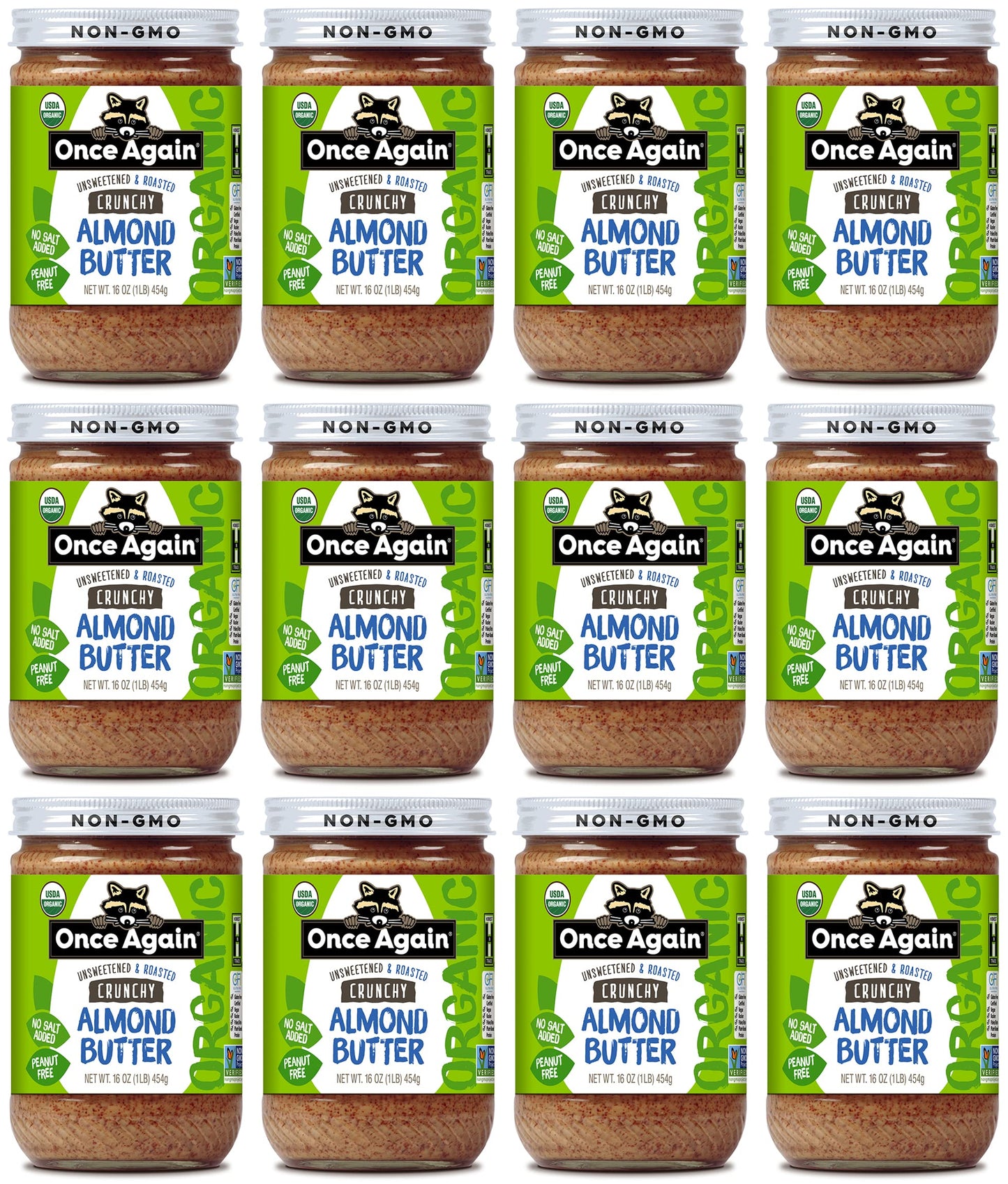 Once Again Organic Crunchy Almond Butter, 16oz - Roasted - Salt Free, Unsweetened - USDA Organic, Gluten Free Certified, Peanut