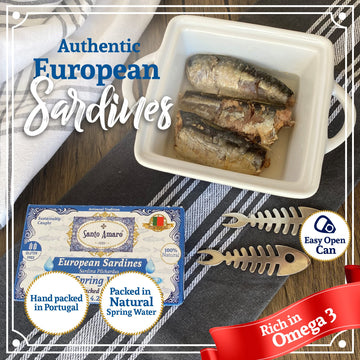 Santo Amaro - Authentic European Sardines in Water, Hand-Packed Canned Sardines Wild Caught Sardines in Water, Sea Salt, 140 Cal