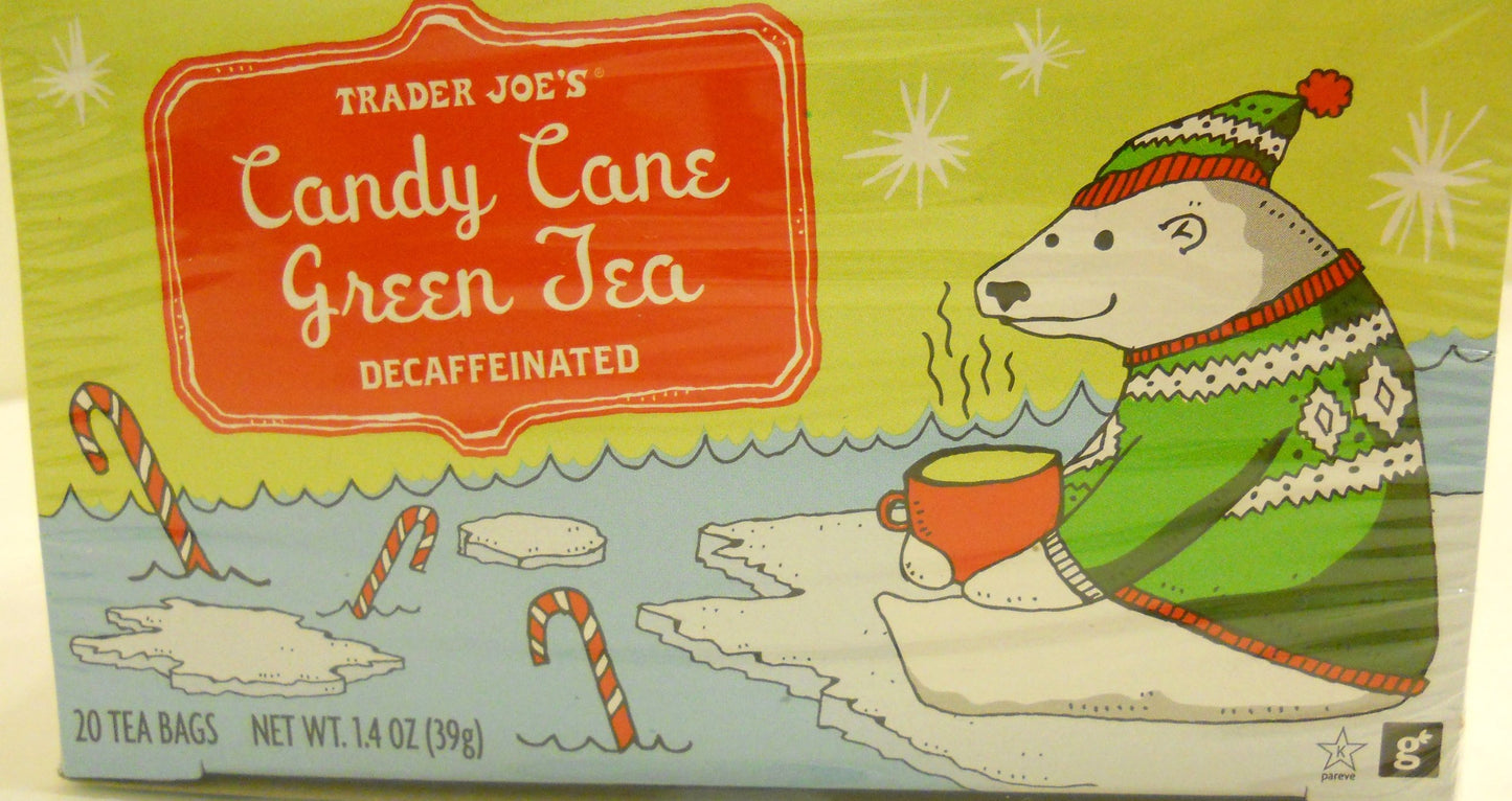 Trader Joes Candy Cane Green Tea Decaffeinated 20 Tea Bags, A Holiday Favorite With Peppermint,Vanilla And Cinnamon Flavors