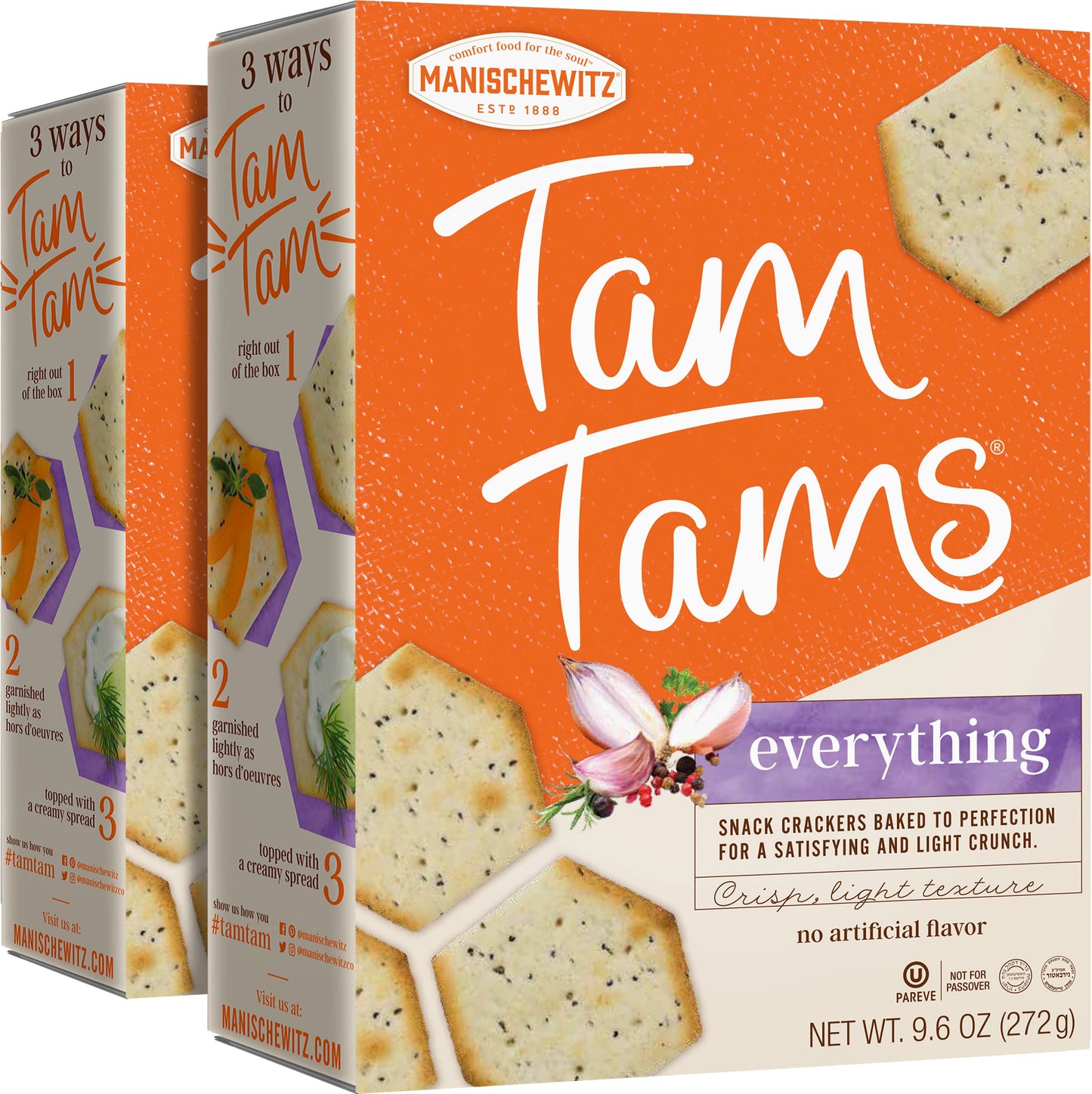 Manischewitz Tam Tam Everything Crackers 9.6oz (2 Pack), Crisp & Light Texture, Baked to Perfection
