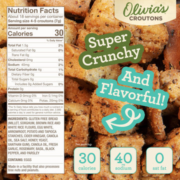 Olivias Gluten Free Croutons For Salad - Crunchy Garlic Soup Crouton - Made From Seasoned Ancient Grain Gluten-Free Artisan Brea