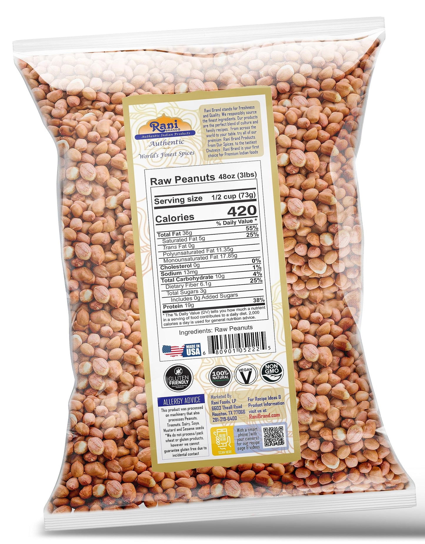 Rani Peanuts, Raw Whole With Skin (Uncooked, Unsalted) 48Oz (3Lbs) 1.36Kg Bulk, Pack Of 12 ~ All Natural | Vegan | Gluten Friendly | Fresh Product Of Usa ~ Spanish Grade Groundnut/Red-Skin