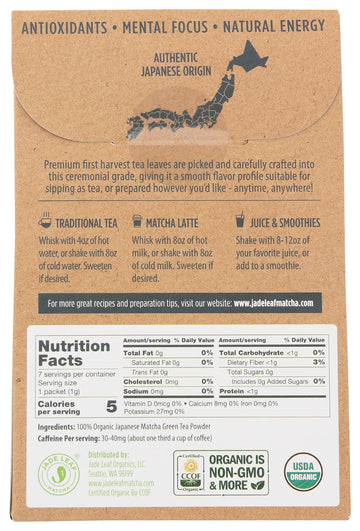 Jade Leaf Matcha Organic Ceremonial Grade Japanese Matcha 7 Count, 7 Gr