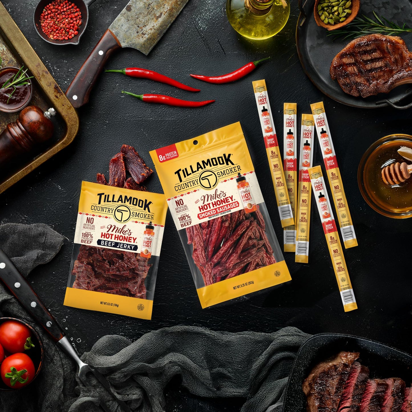 Tillamook Country Smoker Enhanced Beef Jerky, Mikes Hot Honey, 2.2 Ounce, Real Hardwood Smoked Beef, Low Carb, High Protein, Ready To Eat Sweet & Spicy Snack