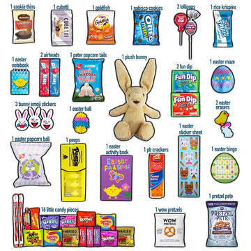CRAVEBOX Brown Easter Basket - 45ct Filled with Plush Bunny, Candy, Snacks, for Kids and mature-themeds