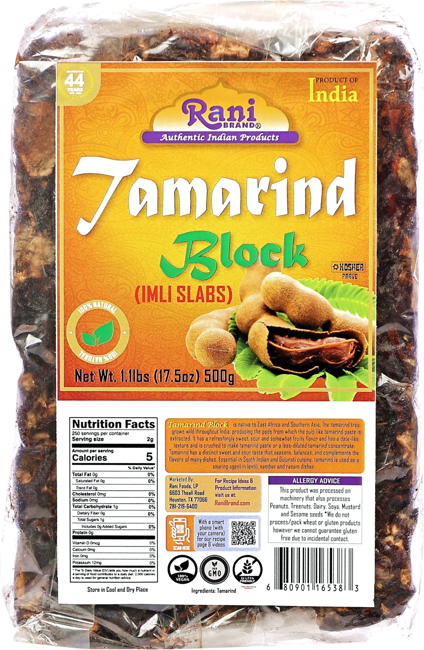 Rani Tamarind Block (Imli Slab) 17.5Oz (1.1Lbs) 500G, Pack Of 3 ~ All Natural | No Added Sugar | Vegan | Gluten Friendly | Non-Gmo | Kosher | Indian Origin