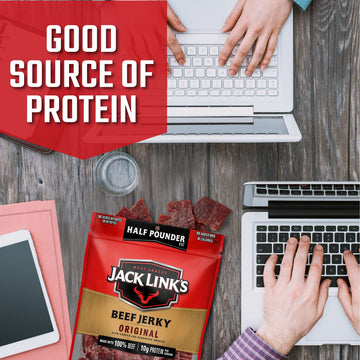Jack Link's Beef Jerky, Original, 1/2 Pounder Bag - Flavorful Meat Snack, 10g of Protein and 80 Calories, Made with Premium Beef