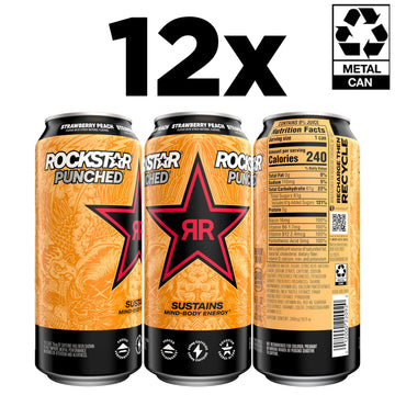 Rockstar Energy Drink Punched Strawberry Peach, 16 Fl Oz Cans, 12 Pack