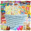 Easter Blue Oval Willow Basket (70 ct) Filled with Treats, Snacks, Candy, Peelable Gummies, Marshmallow Gummies, Bunny and More,