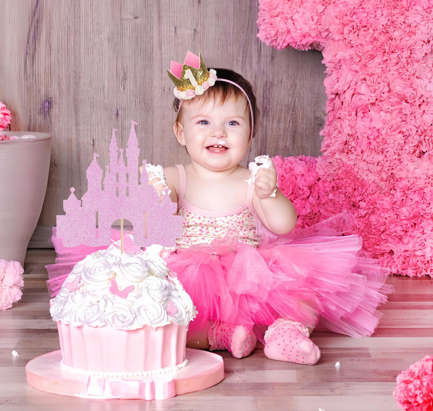 EONNCNT Castle Cake Topper - Pink Glitter Cardboard Birthday Decoration, 6.3 x 8.7 Inches