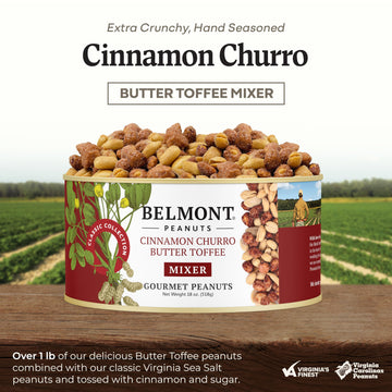Belmont Peanuts Gourmet Cinnamon Churro Butter Toffee Mixer, 18 oz, No Preservatives, Hand Seasoned, Cinnamon-Coated Sea Salt, Virginia Peanuts