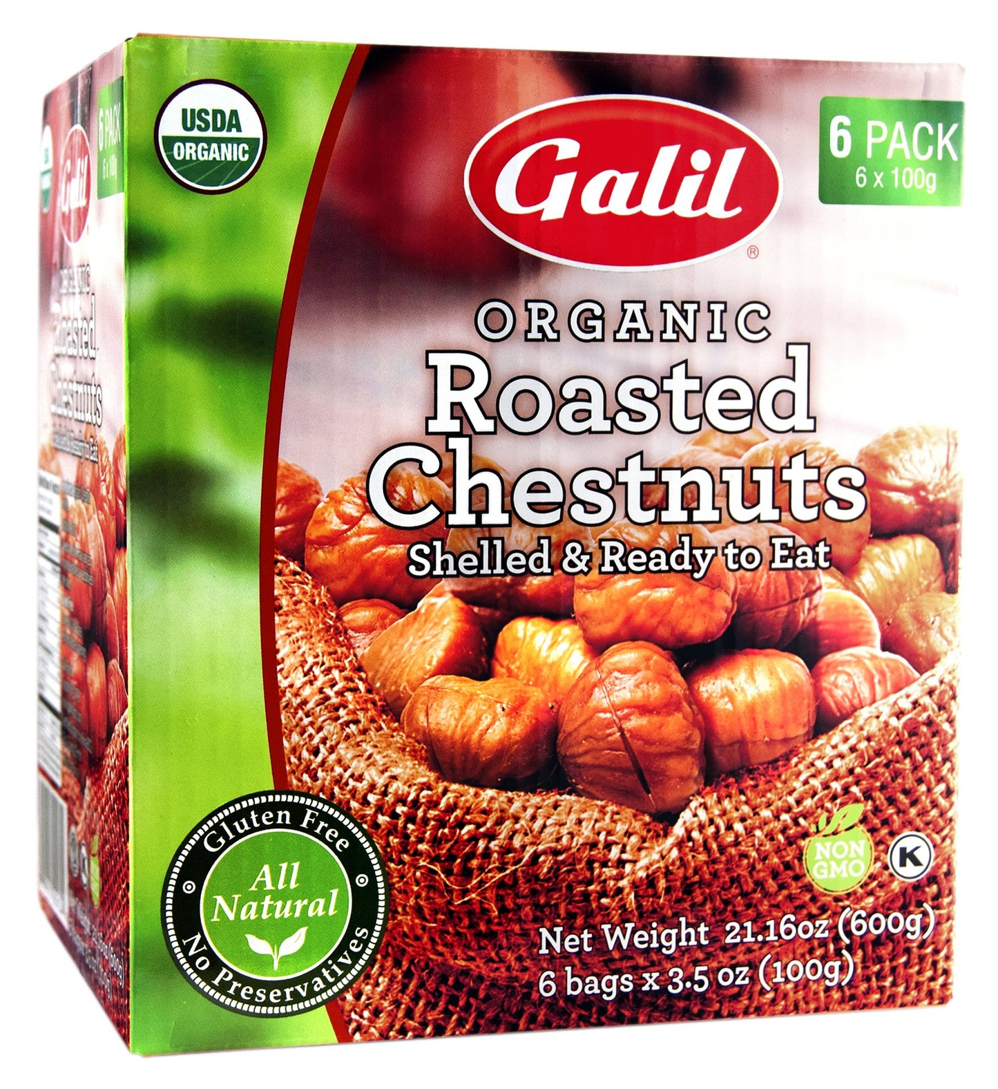 Galil Organic Roasted Chestnuts - 3.5 Oz Bags (Pack Of 6) - Shelled - Ready To Eat Snack, Gluten Free, All Natural, No Preservatives - Great For Snacking, Baking & Cooking - 100% Vegan